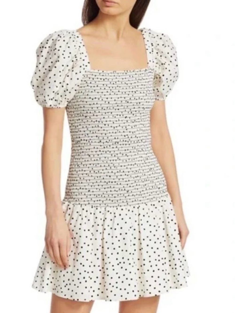 Tanya Taylor Eden Dress- Polka Dot Smocked Puff-Sleeve Dress